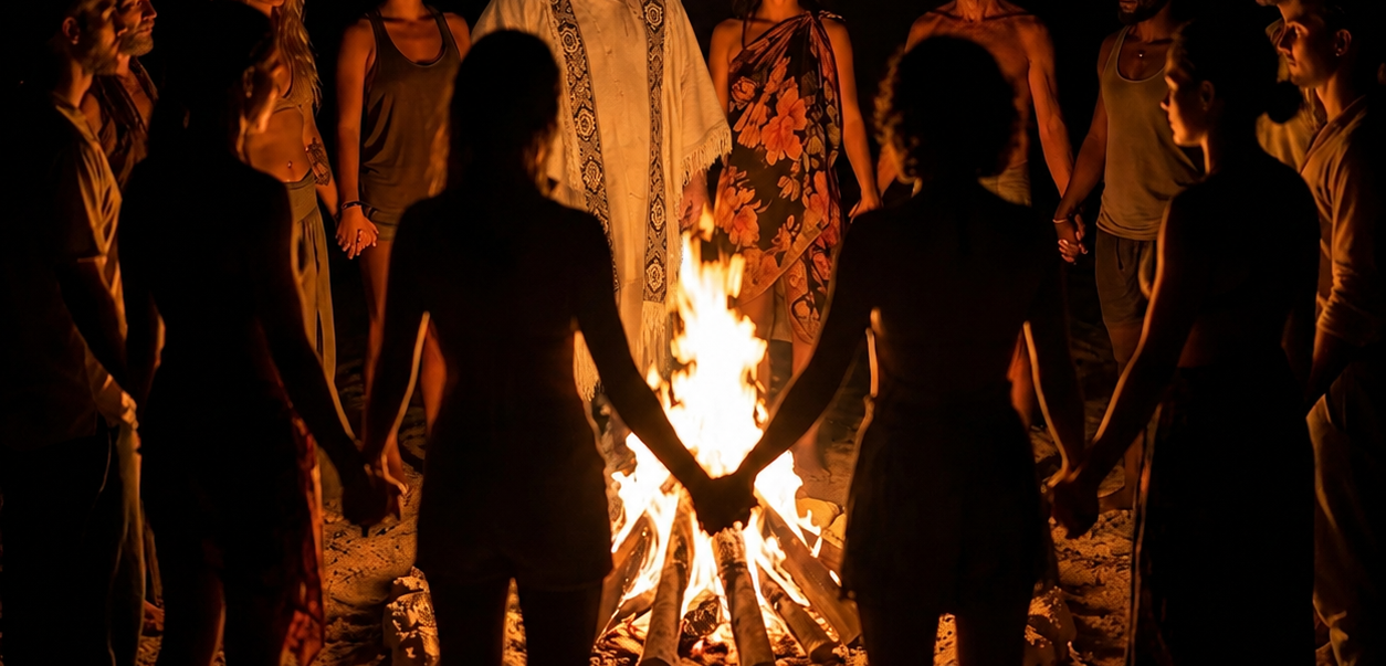 Shamanic fire ceremony, circle gathered around the flames at night with elder facilitator