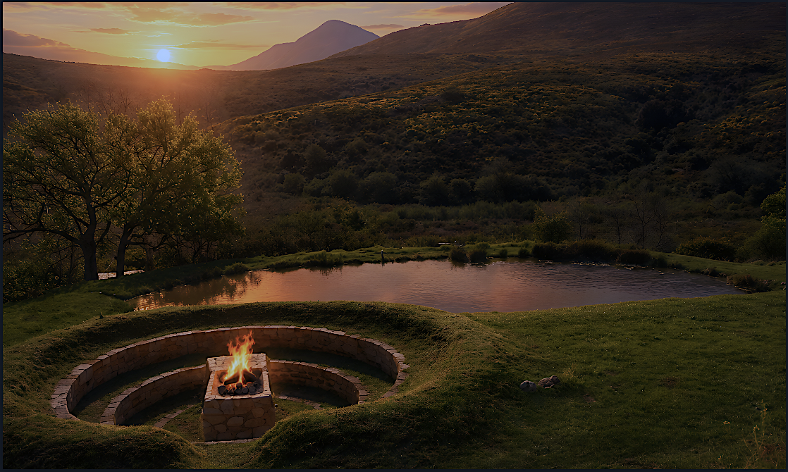 Fire pit overlooking the river and mountains at sunset, Hearth and Soul