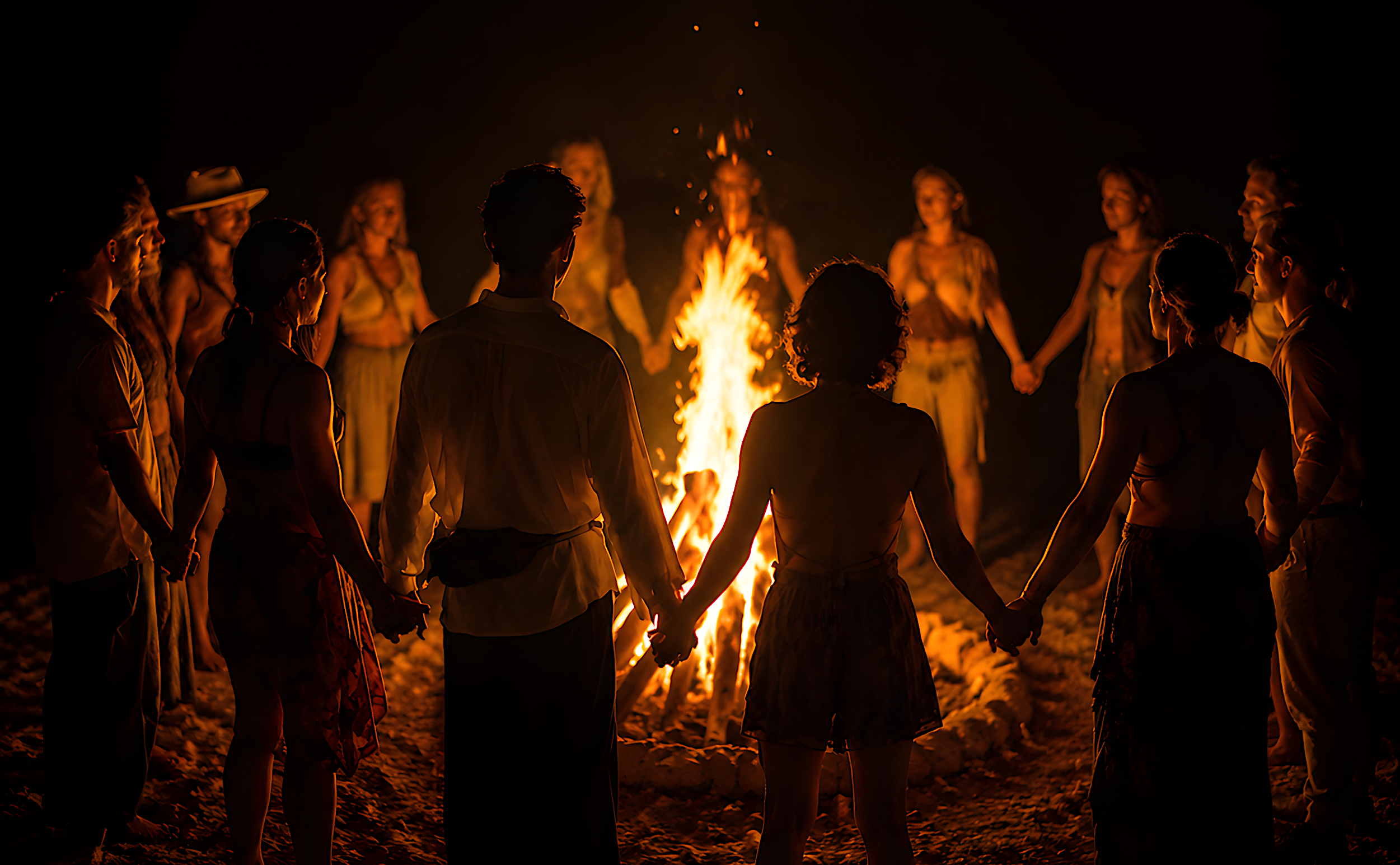 Intimate circle of people holding hands around a ceremonial fire at night